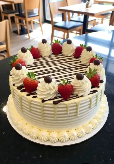 Pastel de crema con fresa y chocolate.