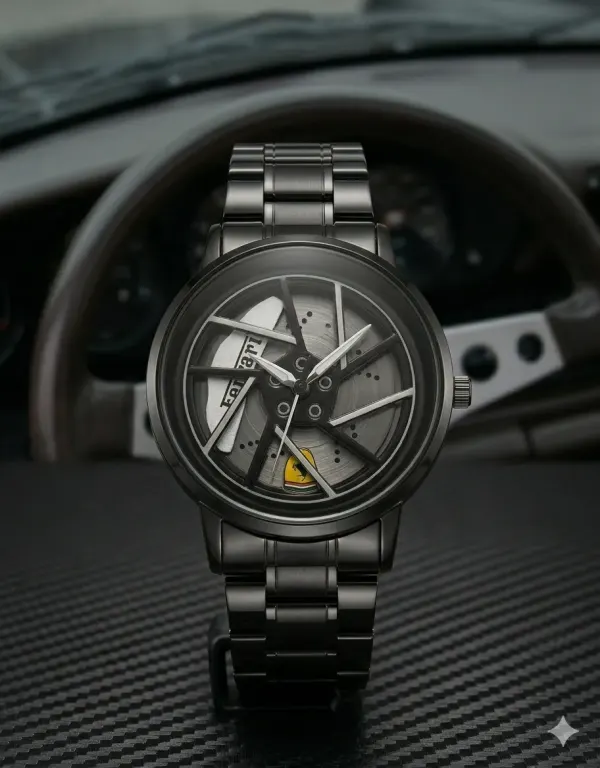 reloj Ferrari con diseño de rin giratorio negro.