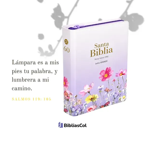 Biblia RVR 1960 Compacta Letra Grande 11 puntos Símil Piel Lila Flores con Cierre y Índice