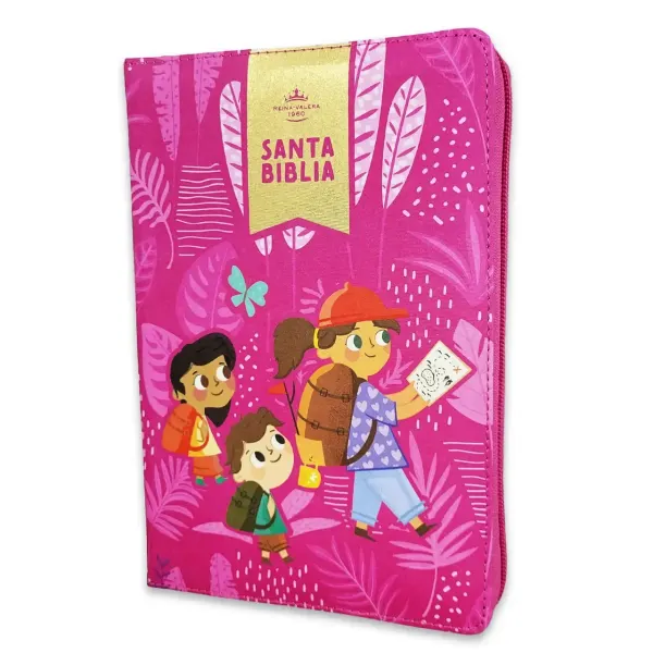 Biblia RVR 1960 Interactiva para Niños Letra Grande Rosa Símil Piel Con Cierre
