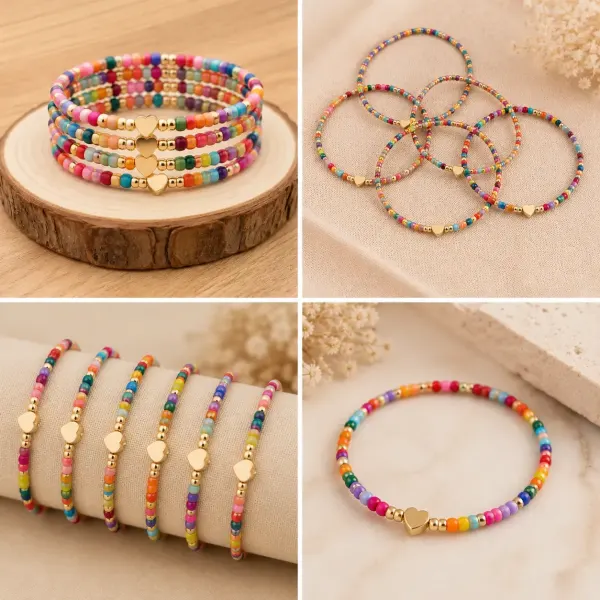 Pulsera de Cuentas de Colores y Corazón Dorado