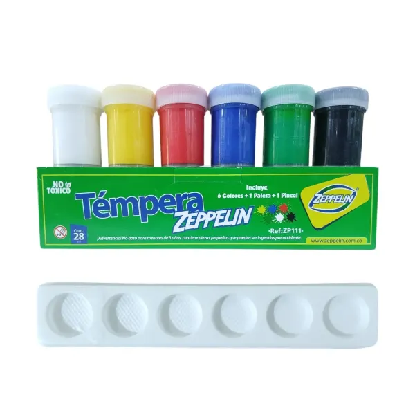 Tempera de 6 colores de 28 ml+ 1 paleta + 1 pincel  Zeppelin®