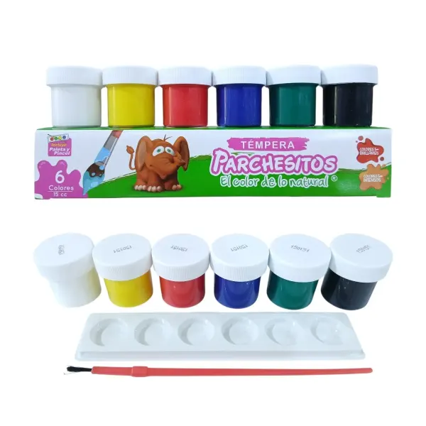 Tempera de 6 colores de 15 ml+ 1 paleta + 1 pincel Parchesitos