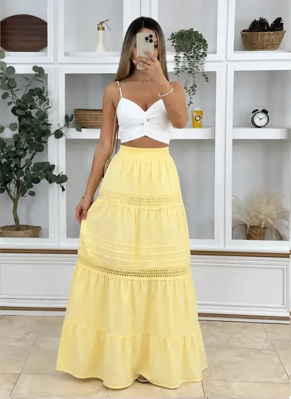 Falda larga en lino fino y crochet con doble forro