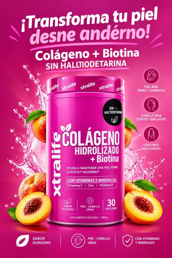 Xtralife Colágeno Hidrolizado + Biotina 300 g - Sabor Durazno