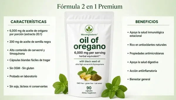 MicroIngredients Oil of Oregano 6000mg 90 Capsules - Fórmula 2 en 1