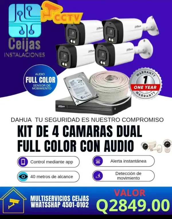Kit de 4 camaras audio y full color