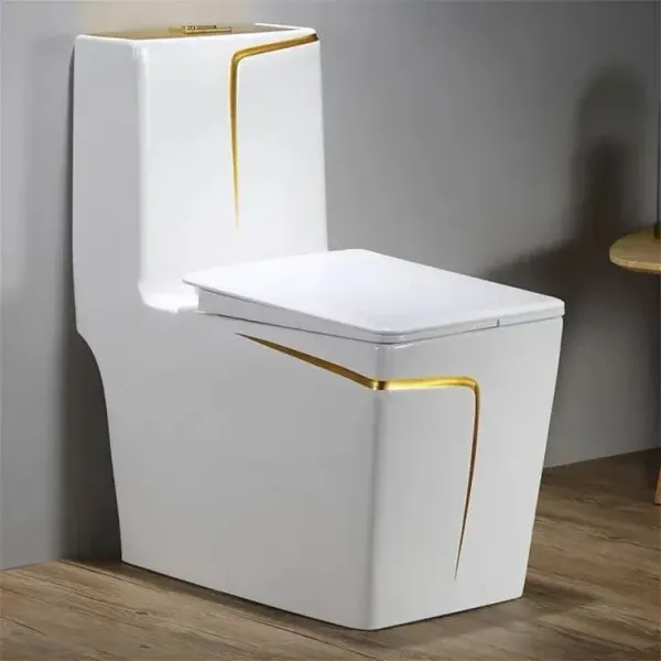 Inodoro cuadrado blanco con dorado