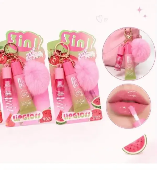 Lip Gloss 3 en 1 con Llavero y Pomponcito 🍉💖