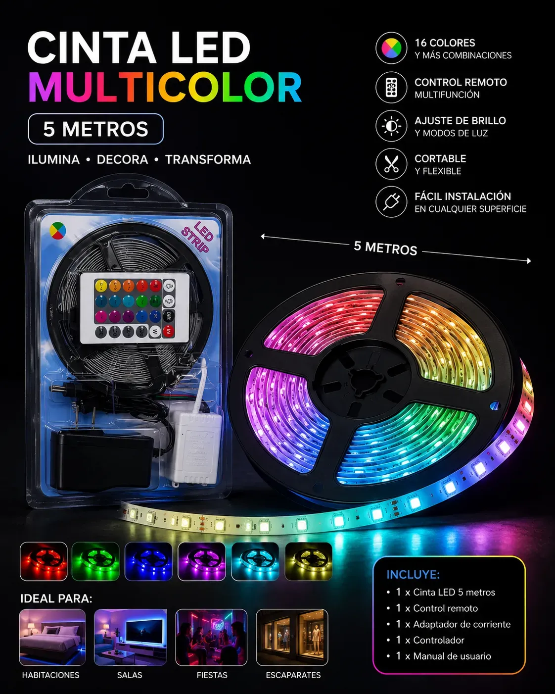 cinta led multicolor 5 metros