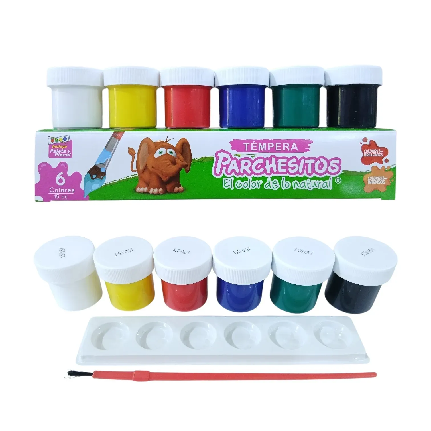 Tempera de 6 colores de 15 ml+ 1 paleta + 1 pincel Parchesitos