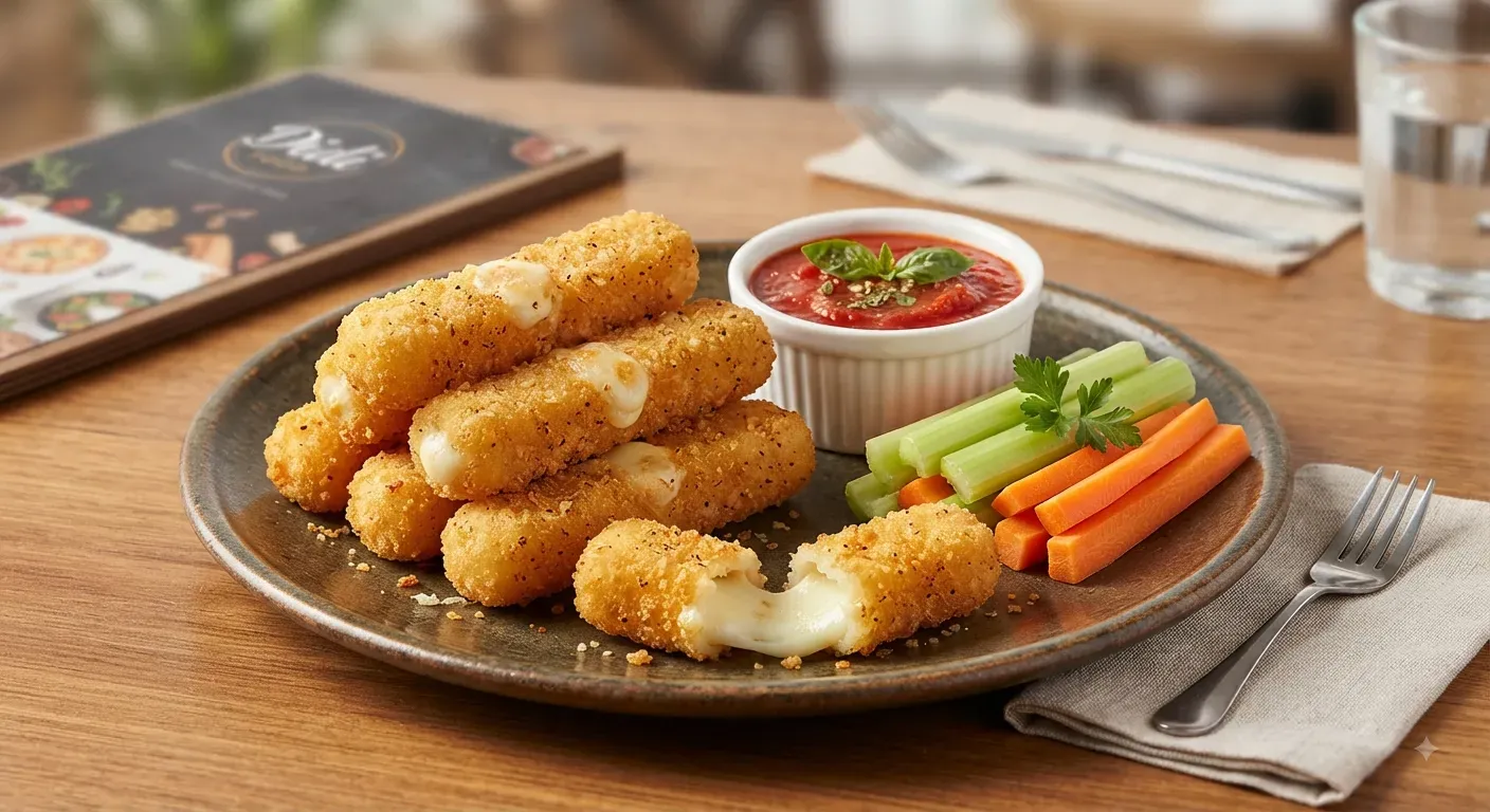 DEDITOS DE QUESO fritos acompañados de salsa marinara apio y zanahoria