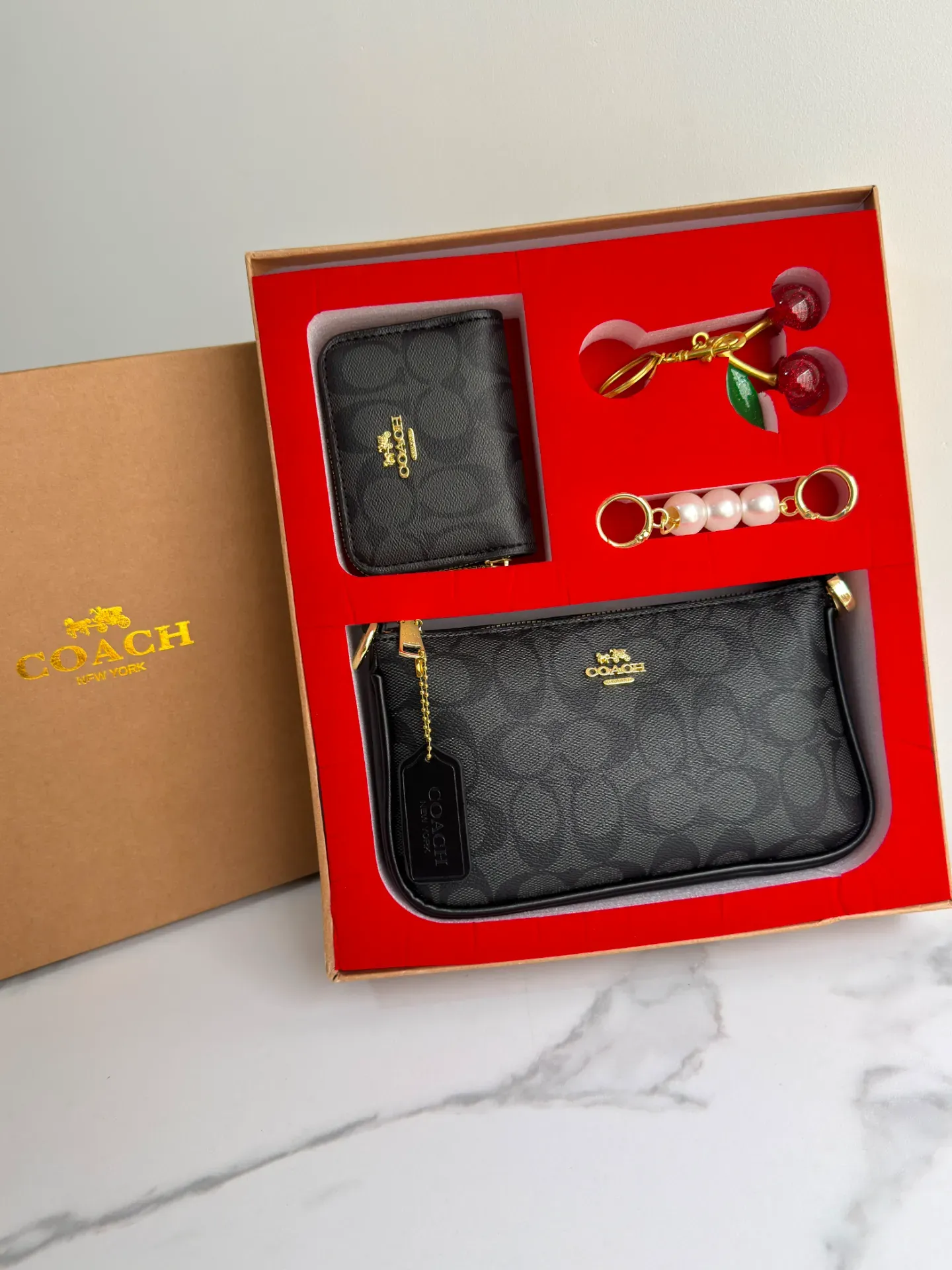 Set Coach Monograma Negro  de Bolso, Billetera y Llavero