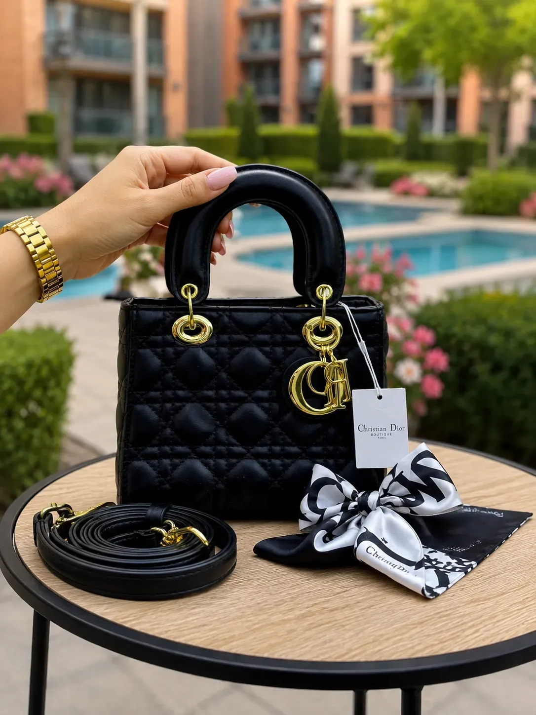Bolso Tote Dior Negro Acolchado con Herrajes Dorados
