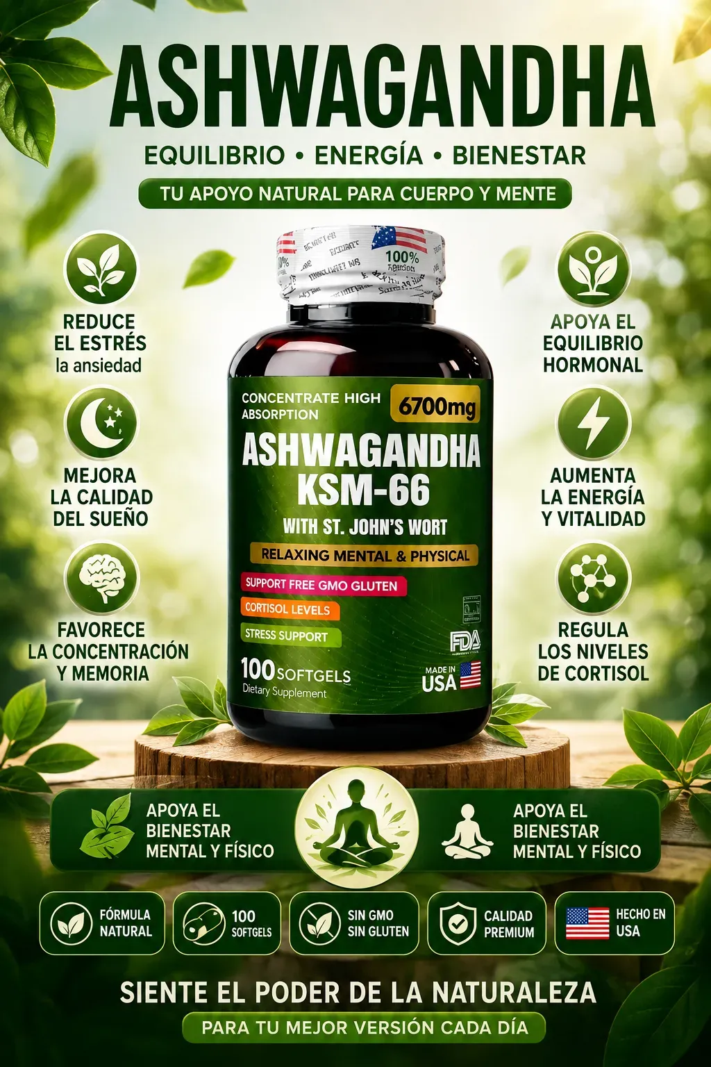 Ashwagandha KSM-66 6700 mg (100 Cápsulas Blandas)