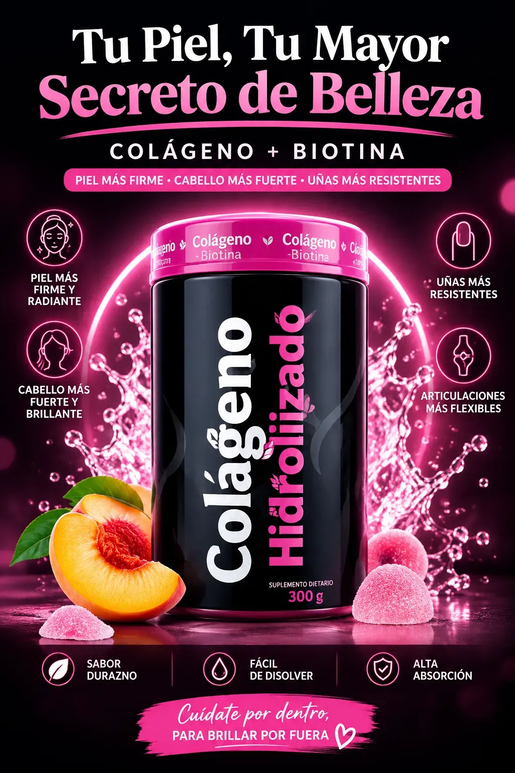 Colágeno Hidrolizado + Biotina Sabor Durazno - 300 g