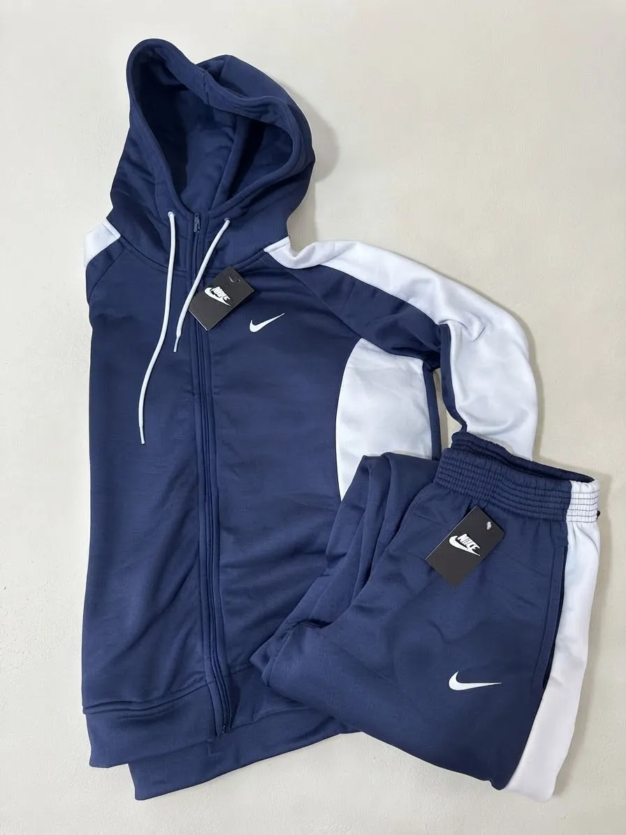 Conjunto Urbano Hoodie Full-Zip & Jogger Azul Oscuro y Blanco