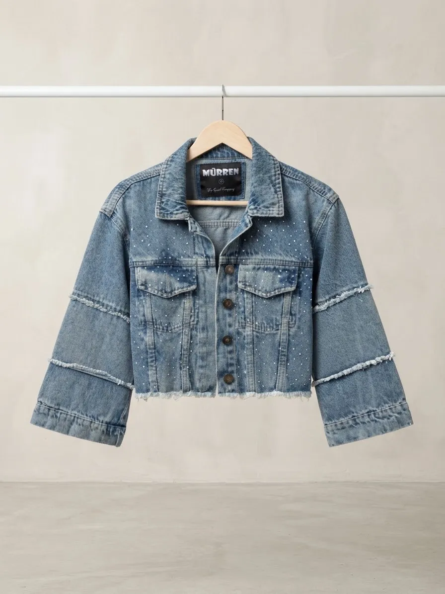 Chaqueta Denim Crop  con Detalles de Brillantes