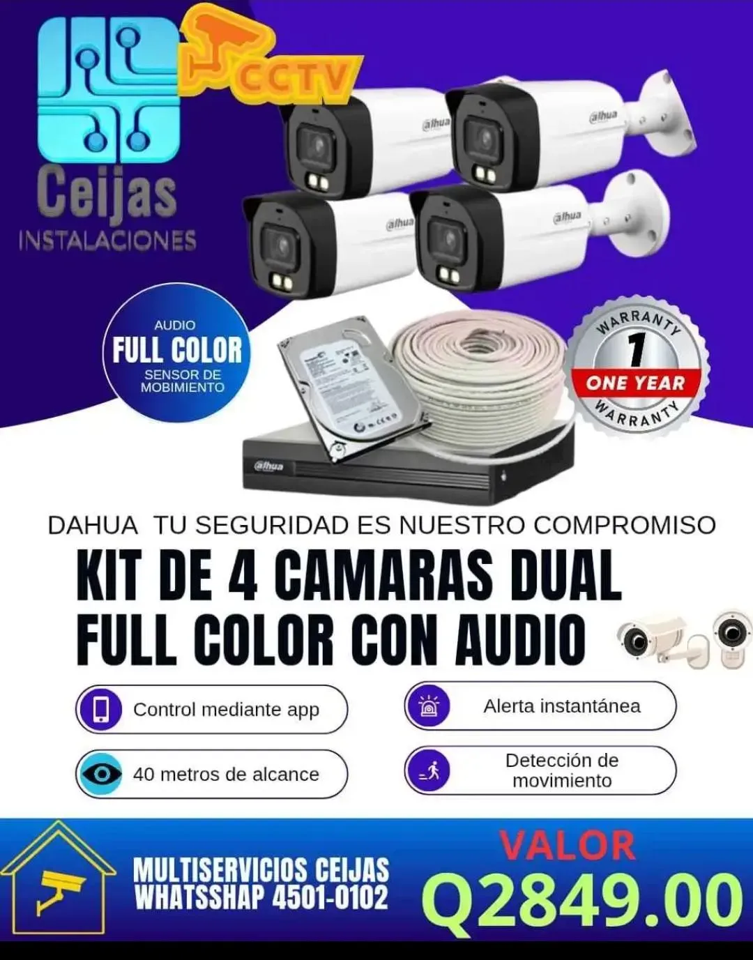Kit de 4 camaras audio y full color