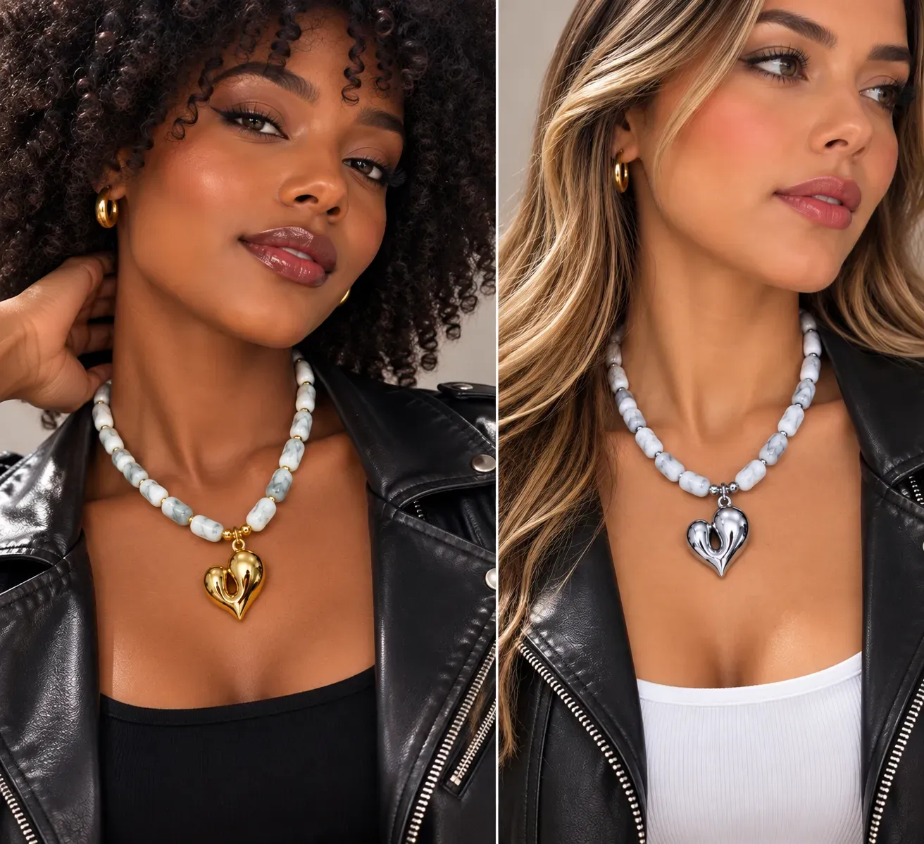 Collar gris en piedra de vidrio con dije corazón