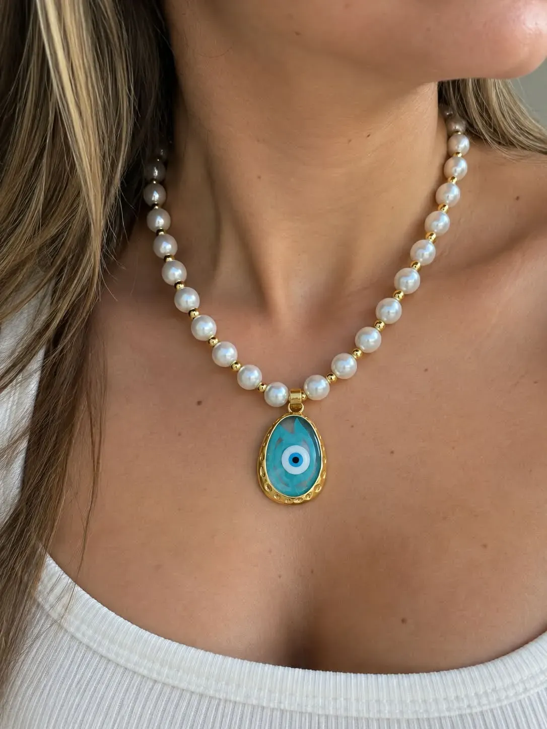 collar de perla pequeña ojo turco