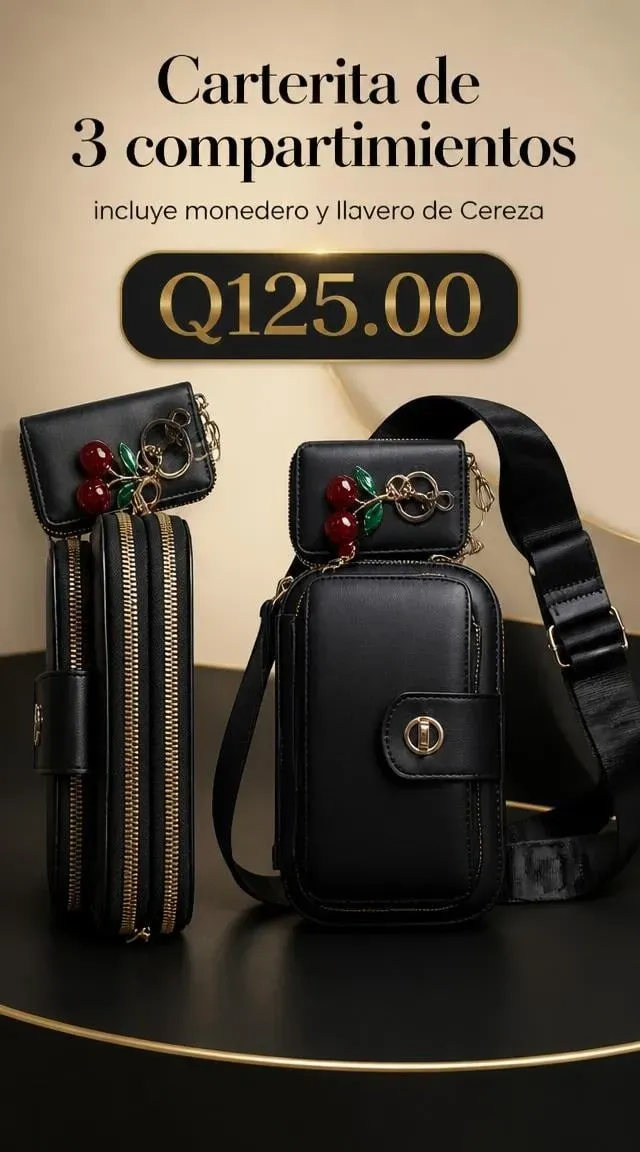 Cartera con 3 compartimientos, incluye monedero y llavero