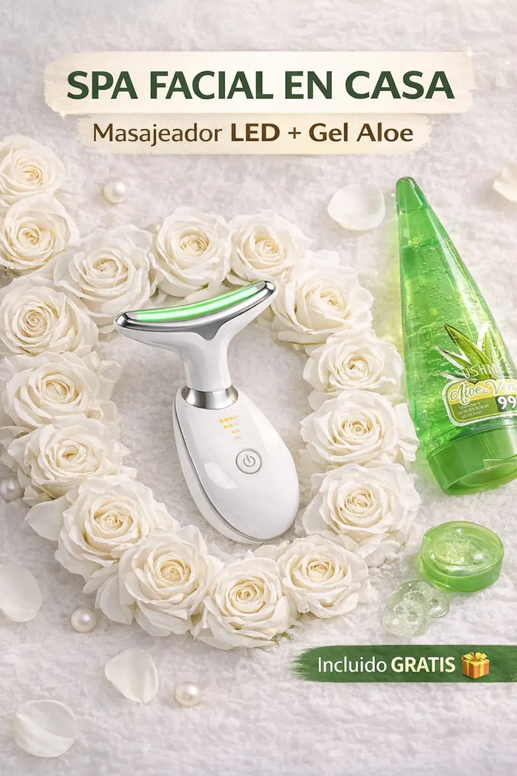 Kit Spa facial: masajeador LED para cuello y rostro + gel de aloe vera Ushas