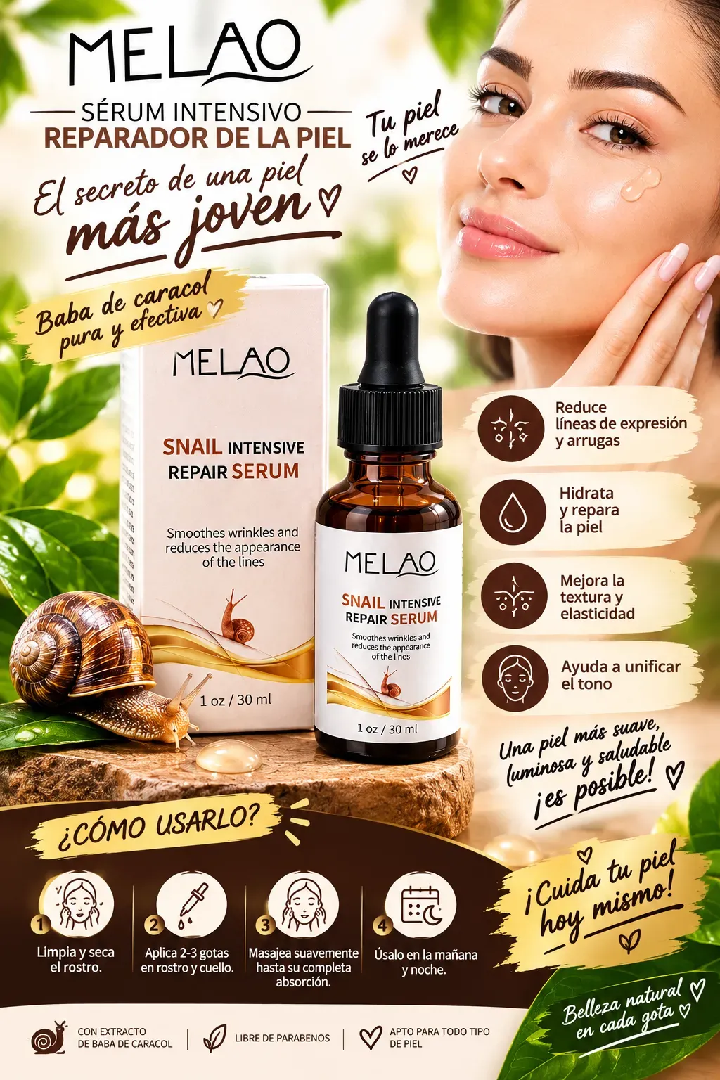 Sérum intensivo, reparador de la piel, Baba de caracol