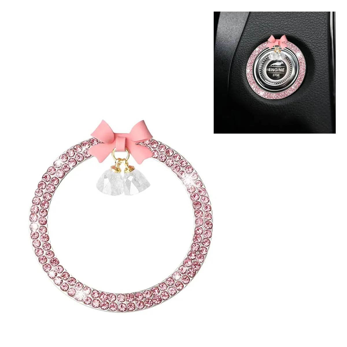 Anillo decorativo brillante con pedrería rosa, un pequeño lazo y colgantes de cristal para el botón de encendido y apagado de un automóvil